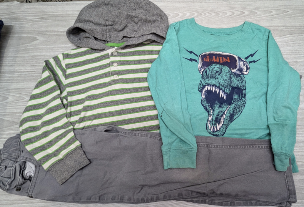 Carter's Kid Green Grey Stripe Thermal, T-Rex - size Youth - 6 (S)