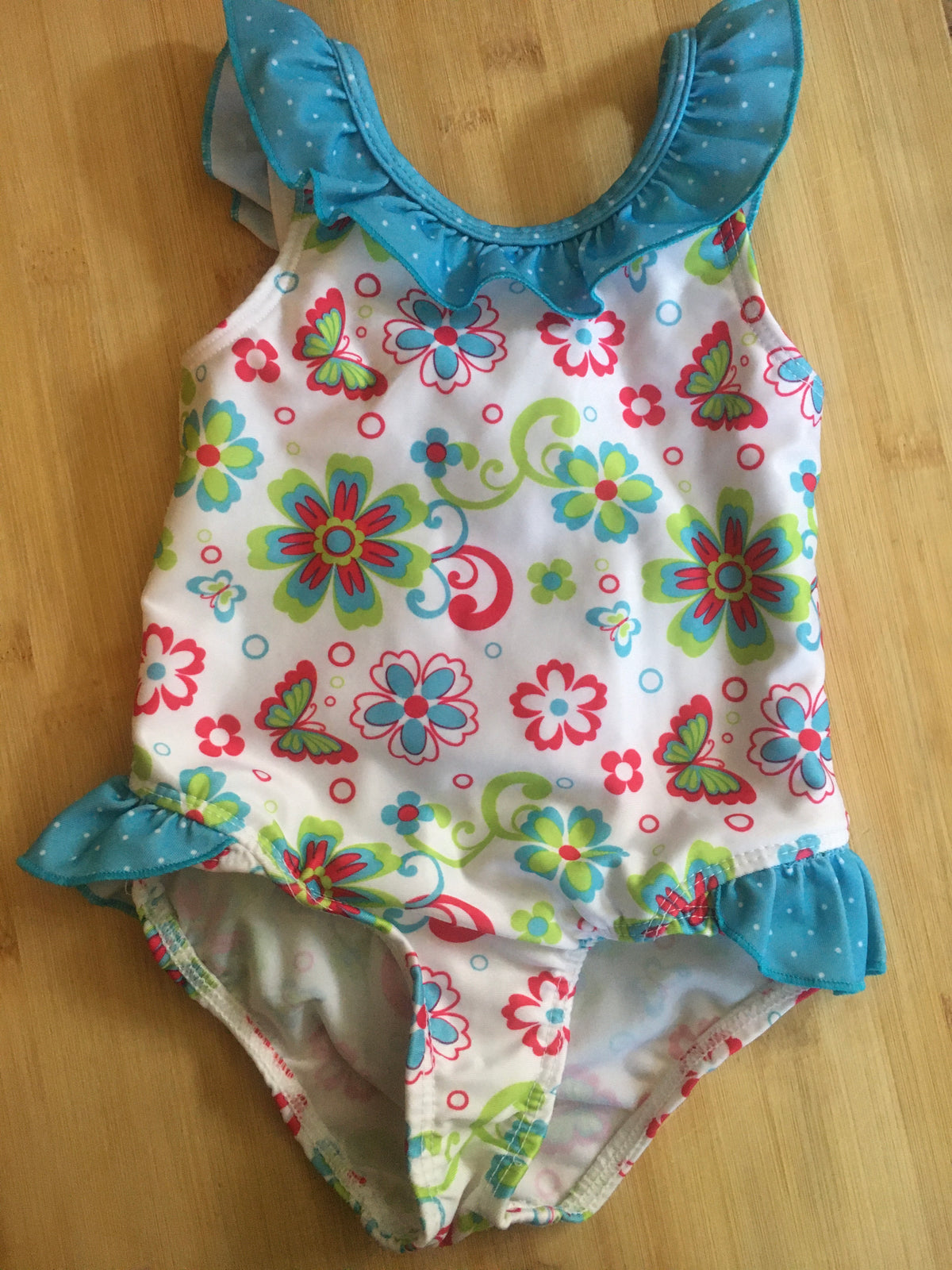 pink platinum one piece flowers with blue ruffle - size Month - 18-24 / 24M
