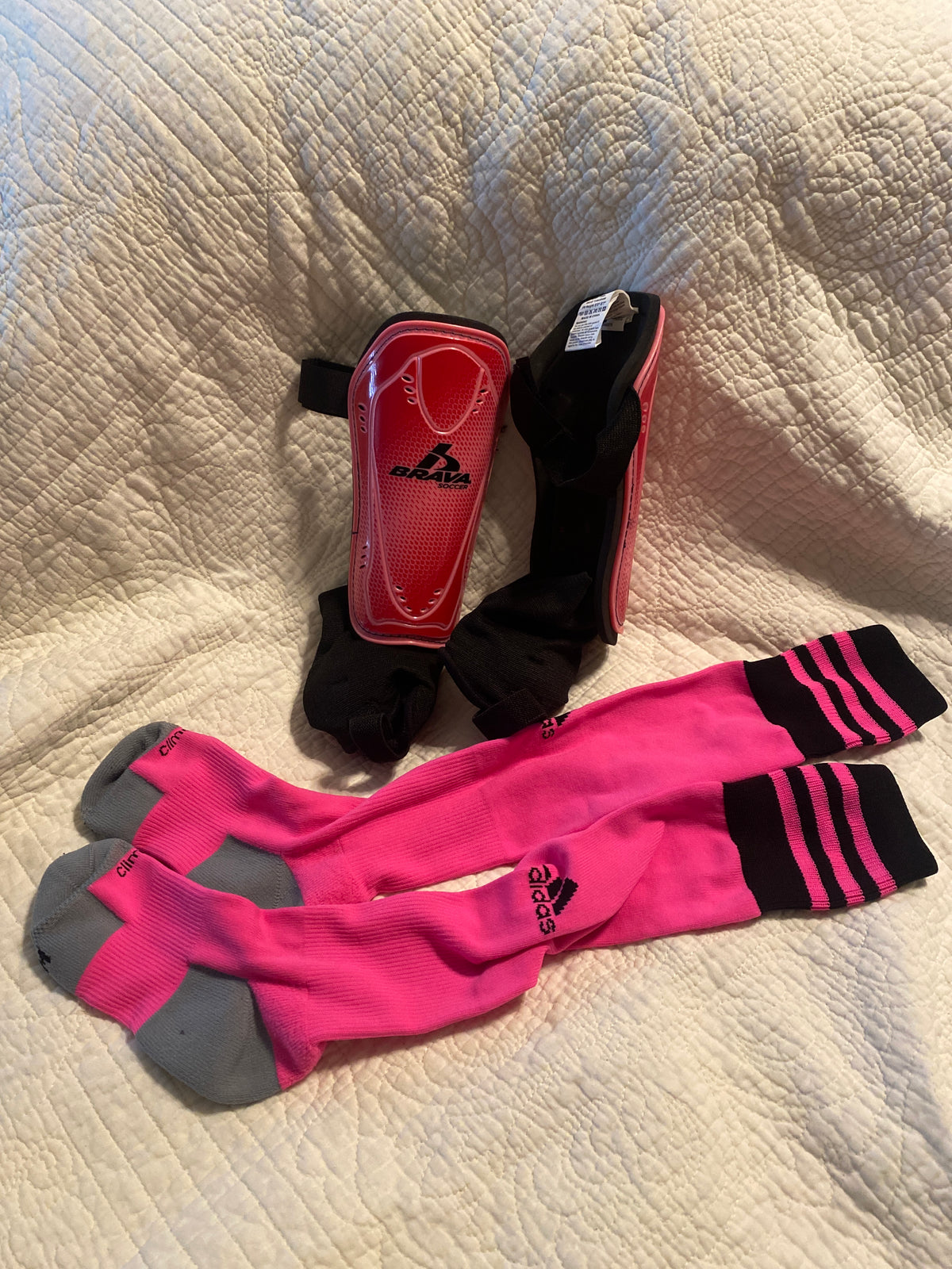 Brava soccer shin guards & pink Adidas soccer sox - size Youth - 14 (XL)