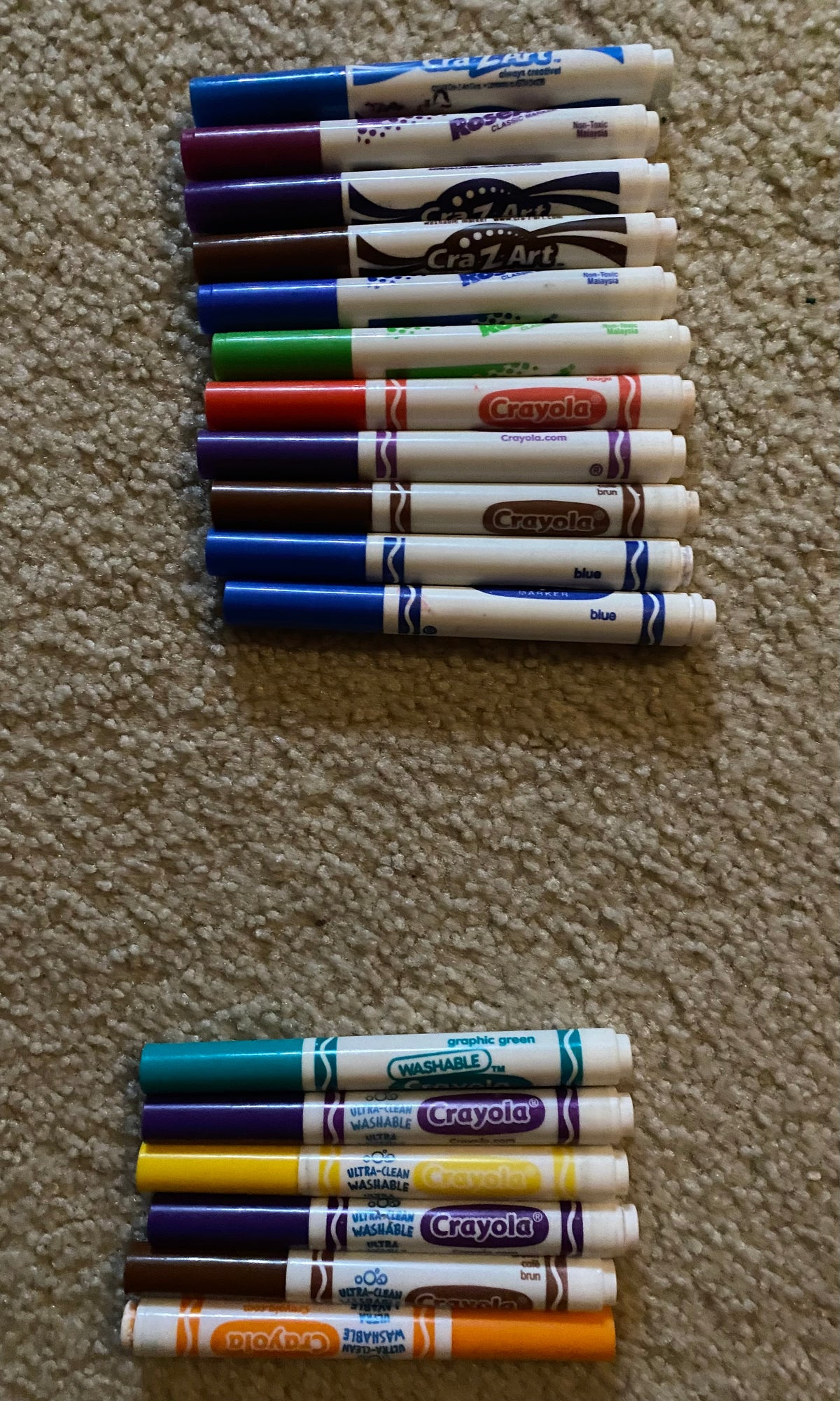 Markers:6 washable Crayola &11 non washable