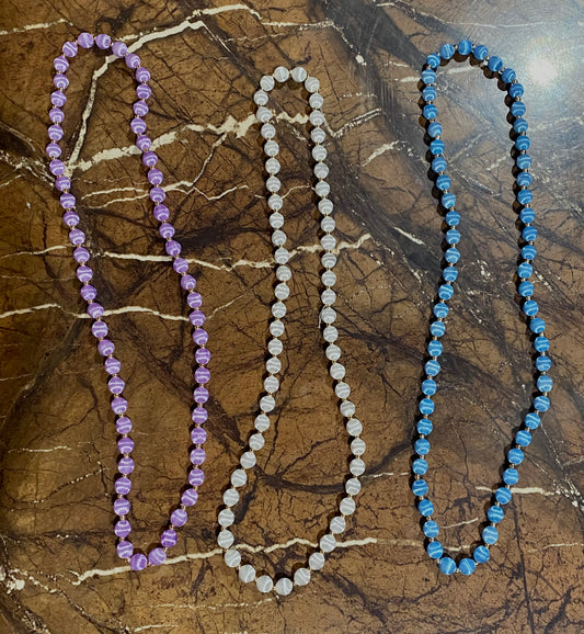 3 threaded bead necklace Purple blue & white