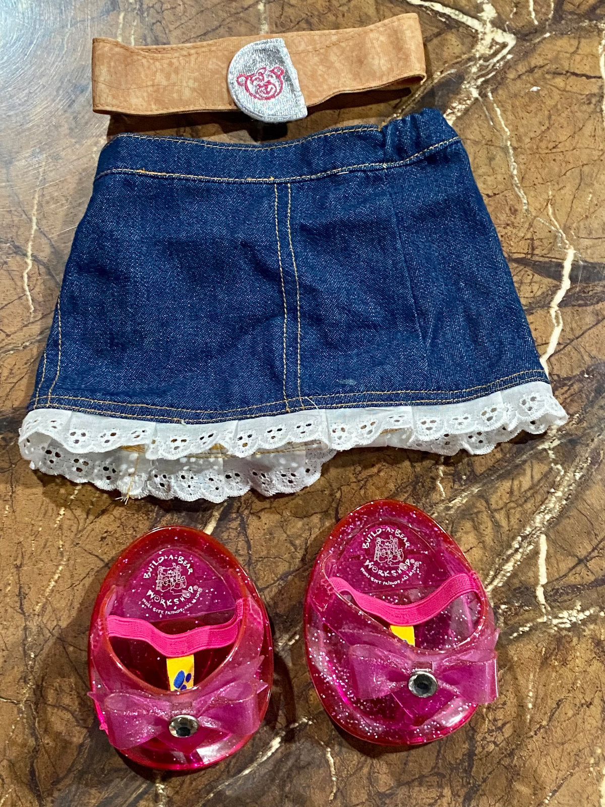 Build-A-Bear pink shoes Jean skirt & belt