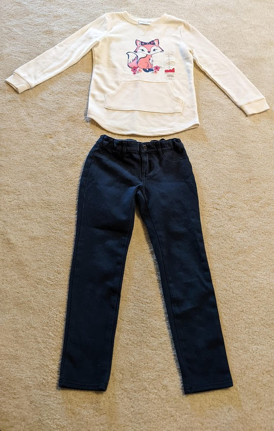 blue leggings w/ new cream tunic w/fox - size Youth - 6 (S)