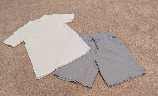 Grey knit shorts W/white tshirt - size Youth - 10 (L)