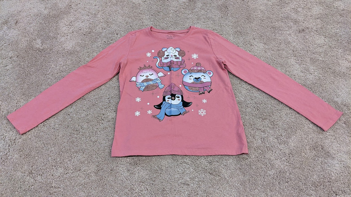 LS Pink Shirt Winter Animals - size Youth - 10 (L)