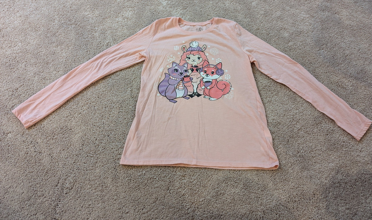LS- pink/peach  shirt W/winter animals - size Youth - 14 (XL)