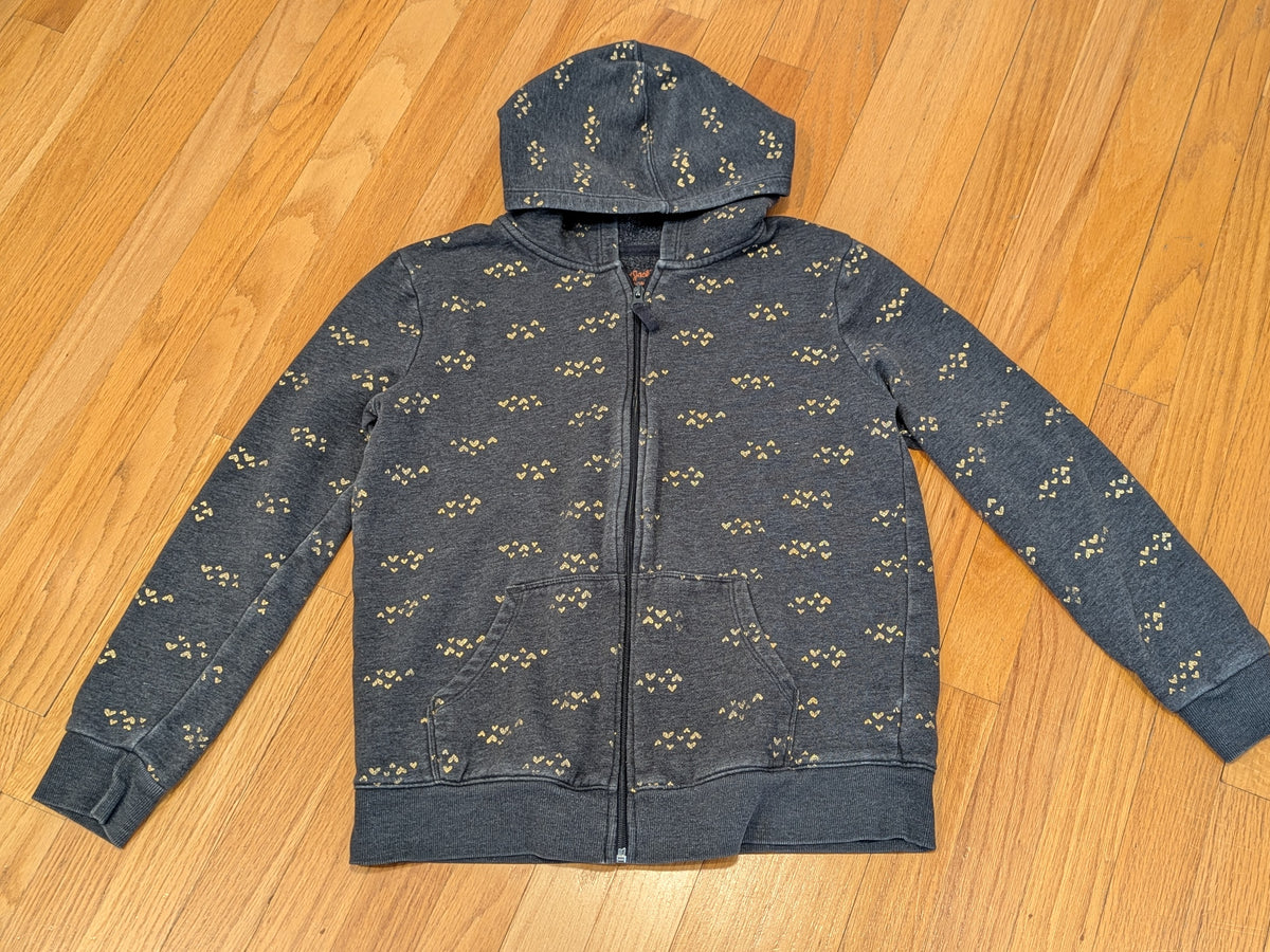Grey hoodie w/gold heart Print-minor print wear - size Youth - 14 (XL)