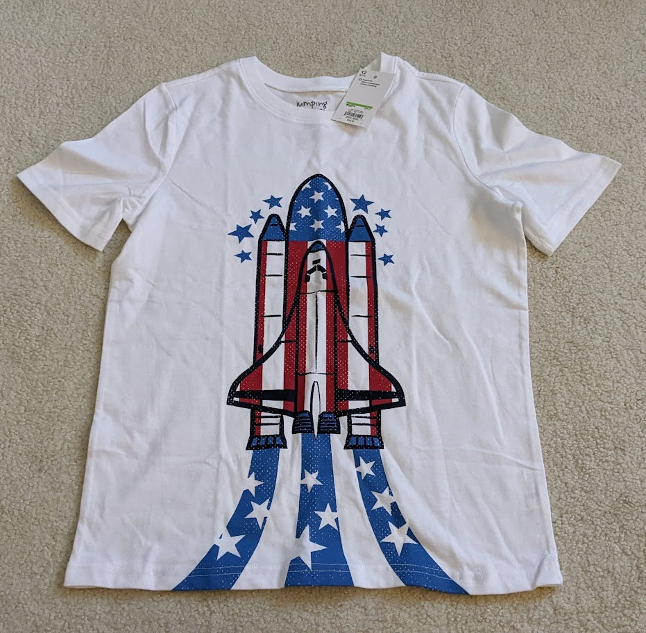 NEW($12) SS White shirt w/patriotic shuttle