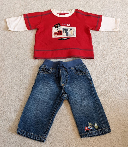 Jeans w/ls red shirt w/construction trucks - size Month - 3-6 / 6M