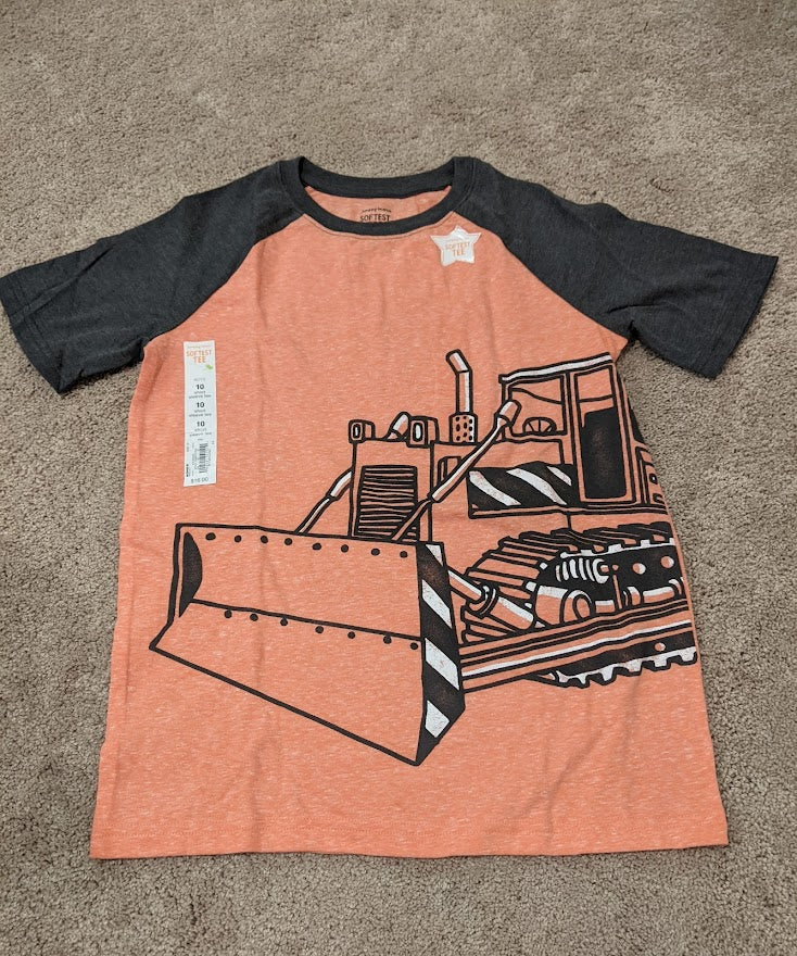 New($16)- SS Orange/Grey Bulldozer Shirt - size Youth - 10 (L)