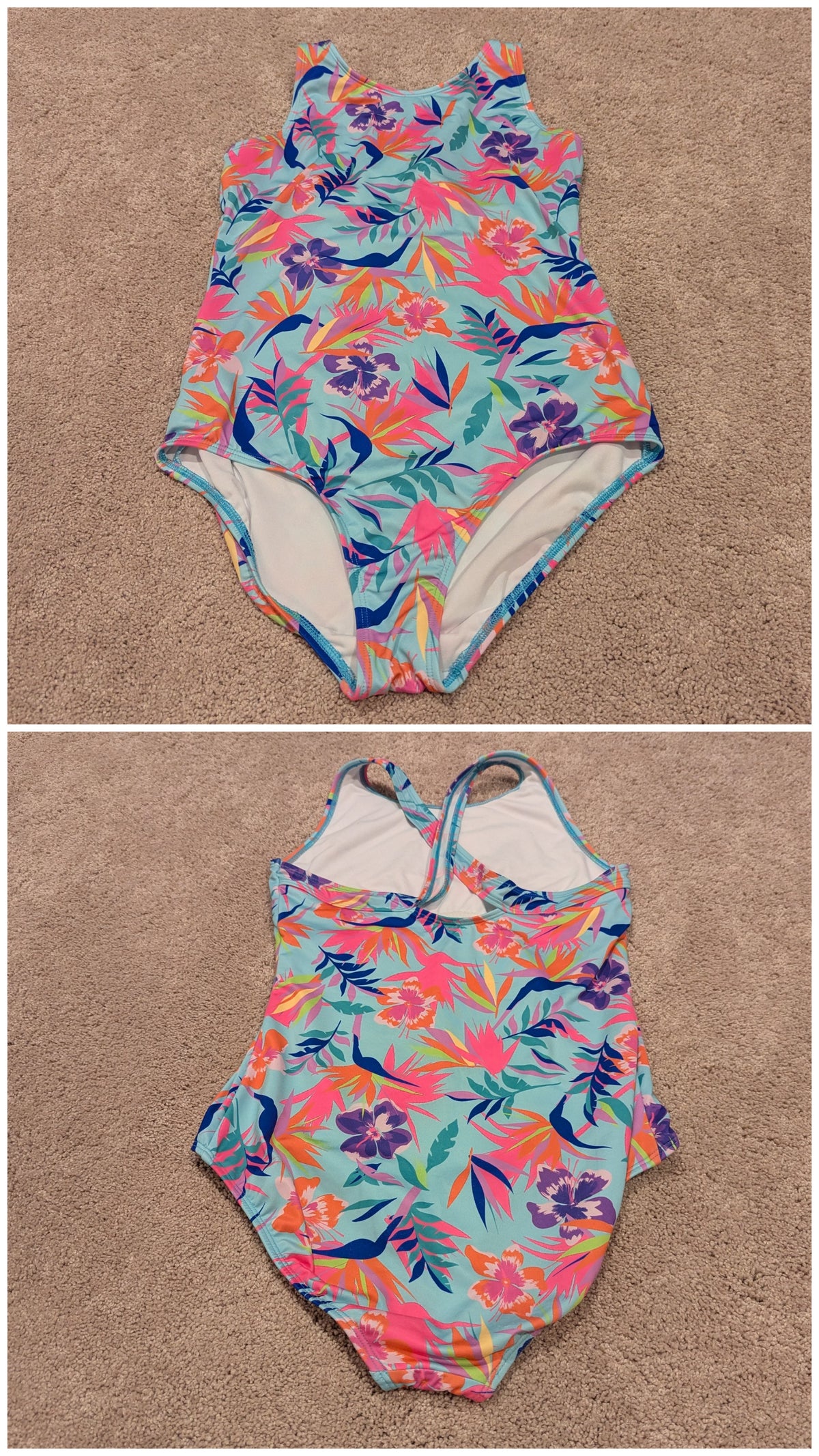 Turq/pink floral w/2 layer top lining - size Youth - 16 (XL)