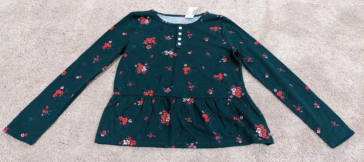 NEW($22)LS Green Floral Swing Top - size Youth - 10 (L)