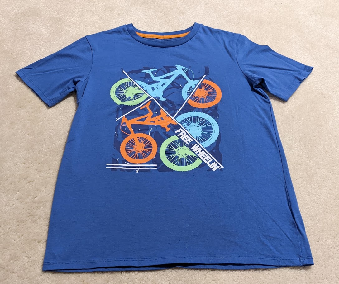 SS Blue shirt w/bike print - size Youth - 14 (XL)