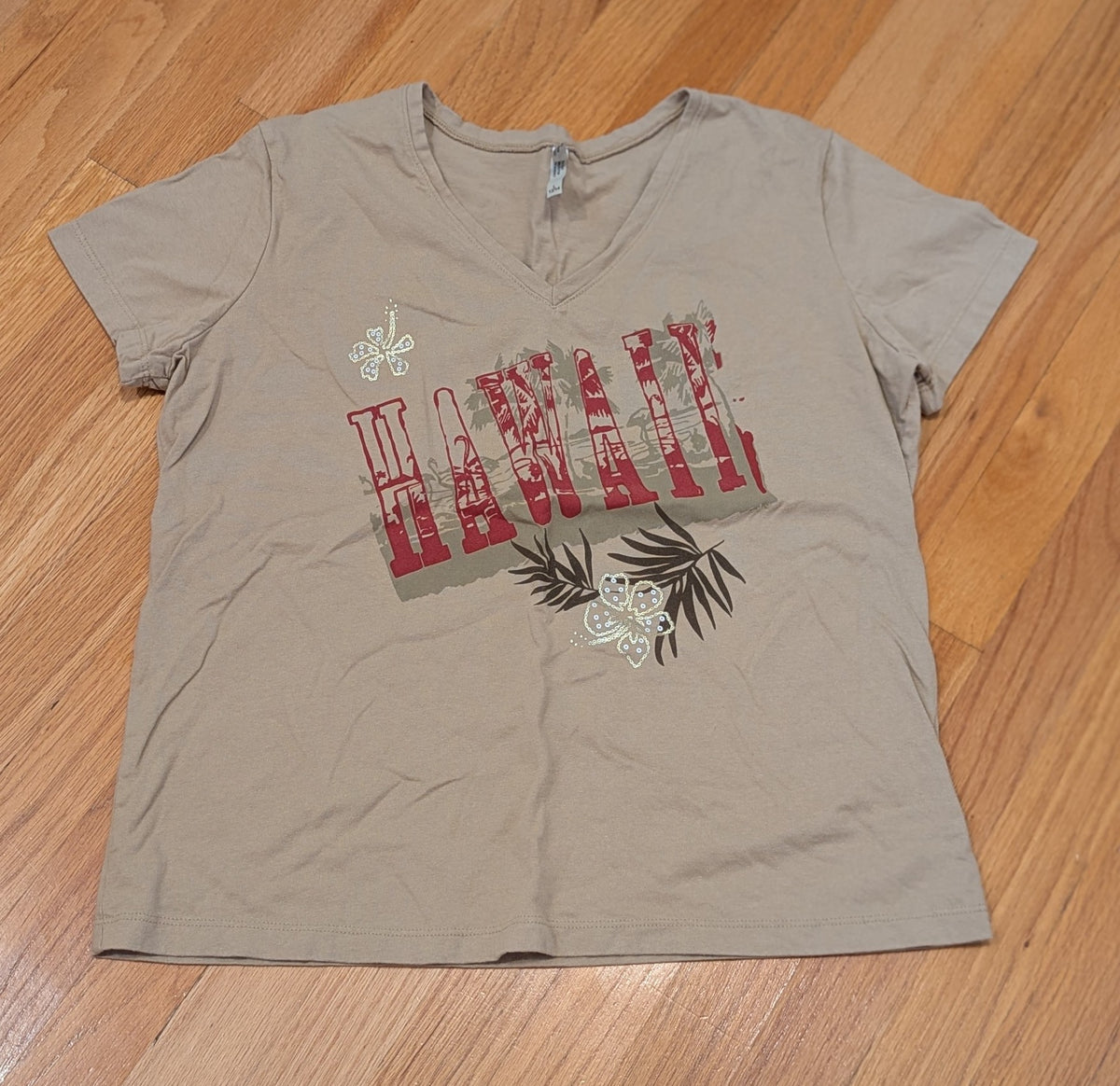 SS tan shirt -Hawaii print - size Women - L (12/14)