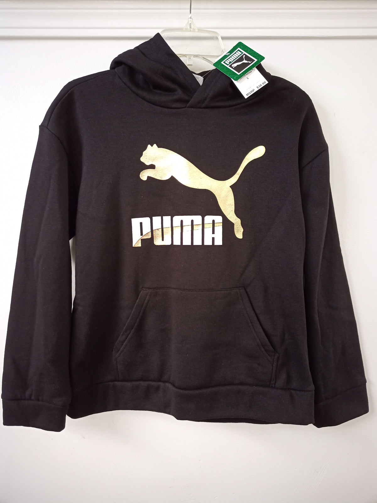 LS Pullover hoodie- NWT Puma, black w/gold print - size Youth - 12 (L)