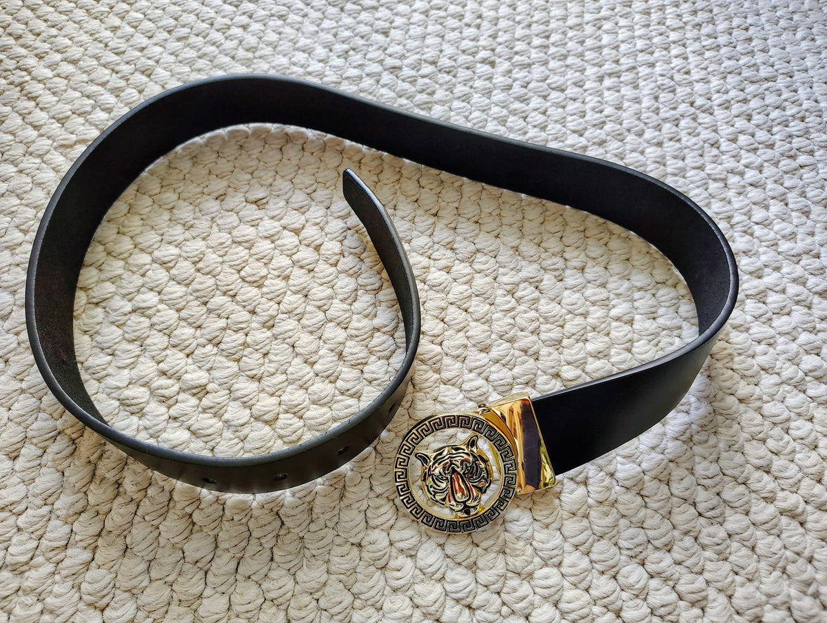 Belt- EUC -black leather -gold tiger buckle