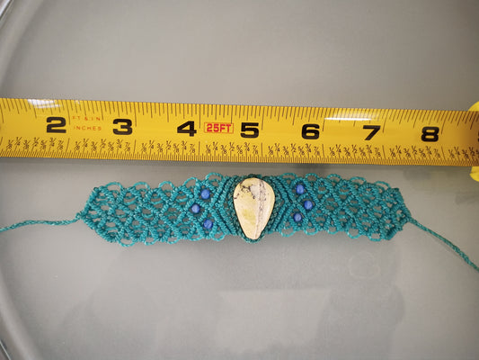 Bracelet - Woven, firm, teal/shell/beads