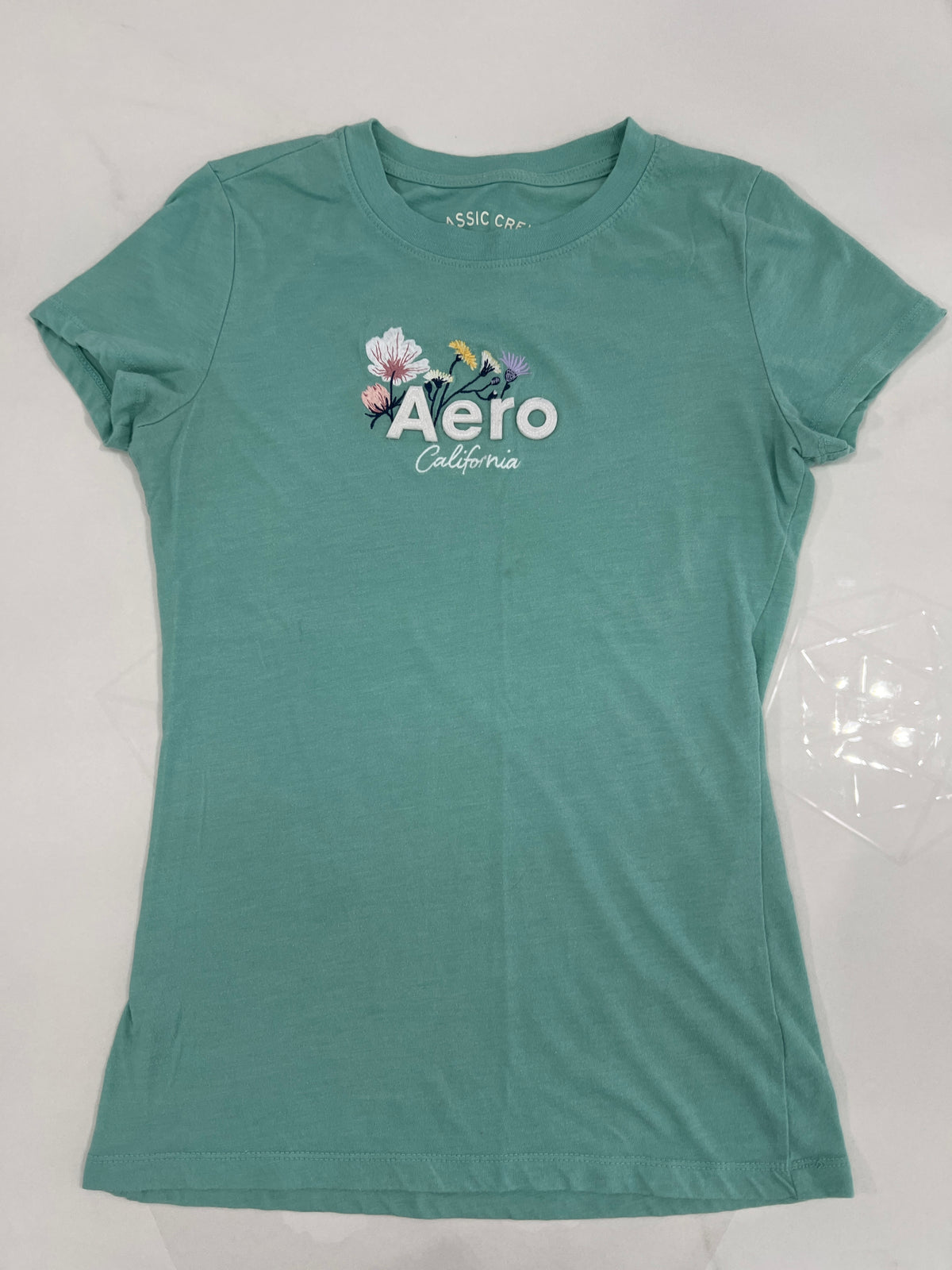 Aeropostale SS knit top Soft Grn w/ flowers szM - size Junior - S (3/5)