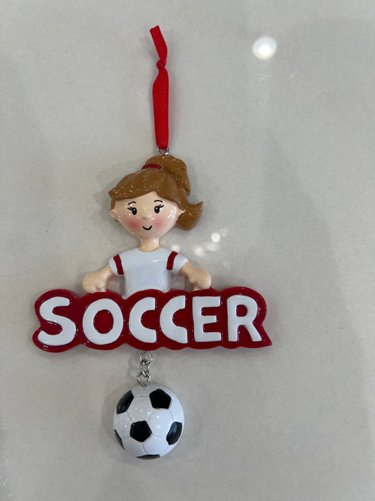 Soccer Xmas ornament Girl lt brown hair EUC