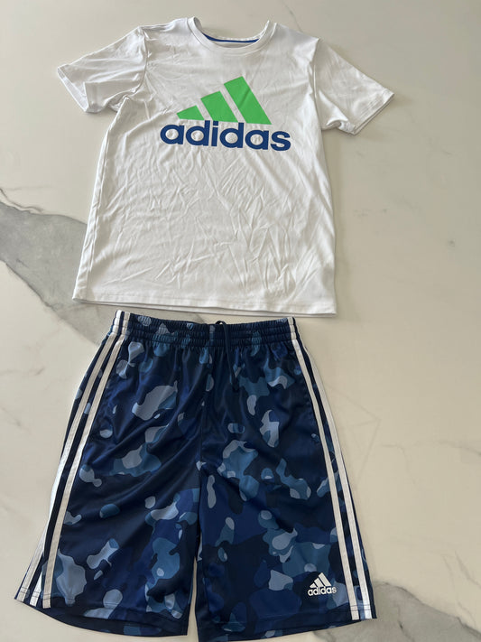 Adidas 2pc set szL 14/16 wht/blue/grn/camo - size Youth - 12 (L)