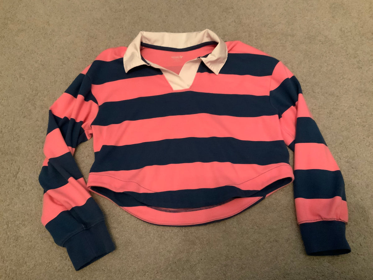 old navy LS pink & navy rugby type shirt - size Youth - 10 (L)