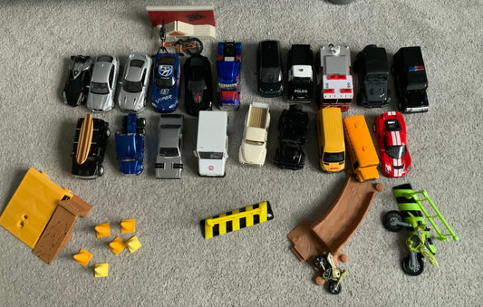 toy cars, bikes, ramp Med size cars -