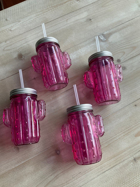 SET OF 4 CACTUS CUPS - GLASS W/LID &