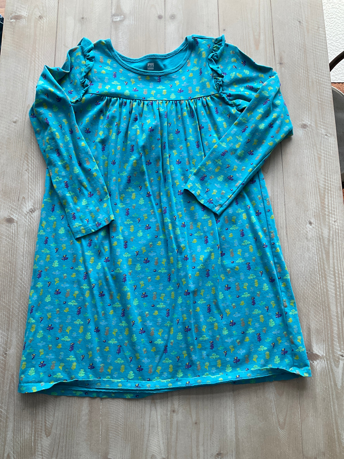 TEA COLLECTION DRESS TEAL W/FLOWERS - size Youth - 12 (L)