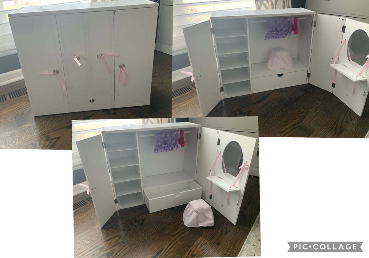 OG Doll clothes closet with hangers and stool