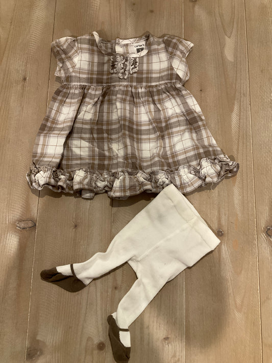 CARTERS DRESS PLAID DRESS W/TIGHTS - size Month - 0-3 / 3M