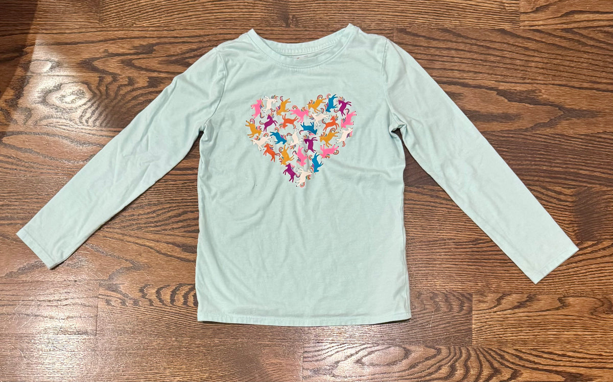 Cat&Jack LS blue unicorn heart top - size Youth - 6 (S)