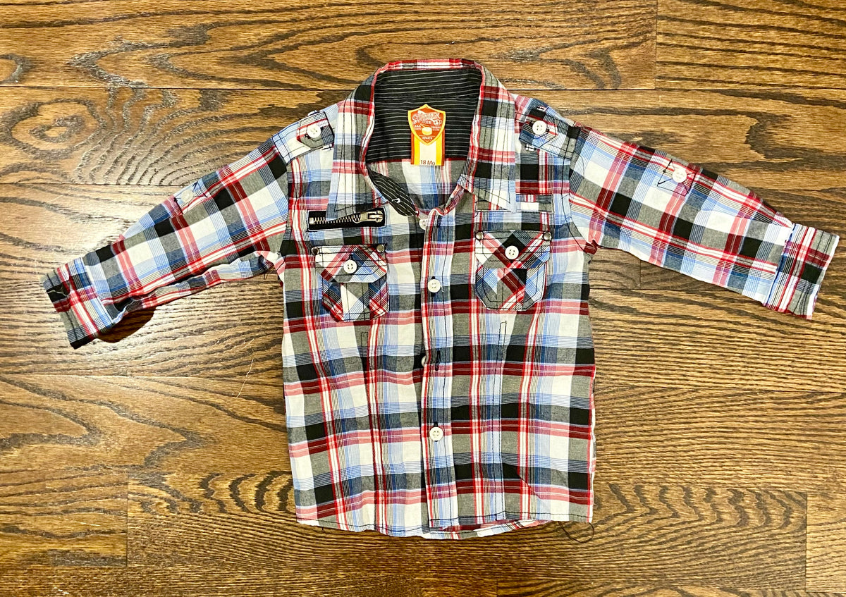 18mon LS button up. Red, Blue, Gray plaid - size Month - 12-18 / 18M