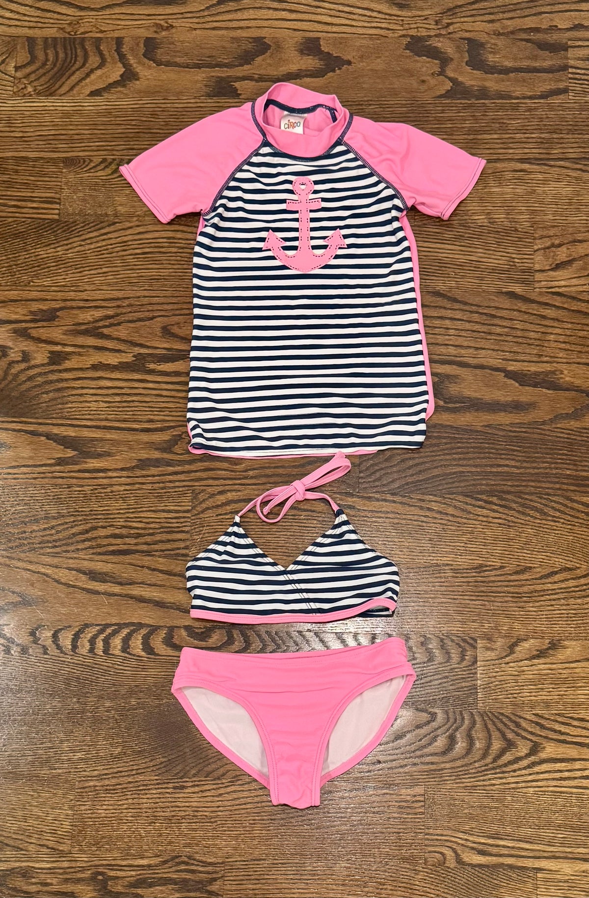 4/5 navy & pink 2 piece With swim shirt, anchor - size Youth - 4 (XS)