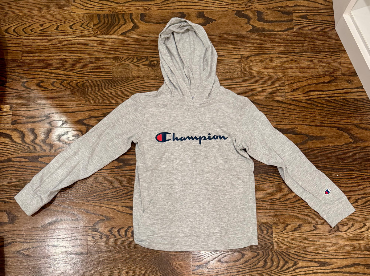 Champion LS grey hooded - size Youth - 8 (M)