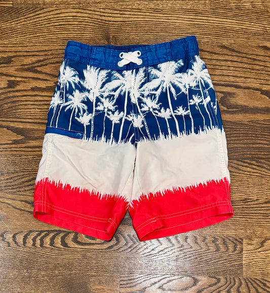 Red, white, blue palm tree swim trunks - size Youth - 8 (M)
