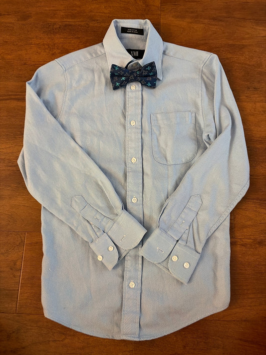 XMI blue pinstripe button up shirt w/bowtie - size Youth - 8 (M)