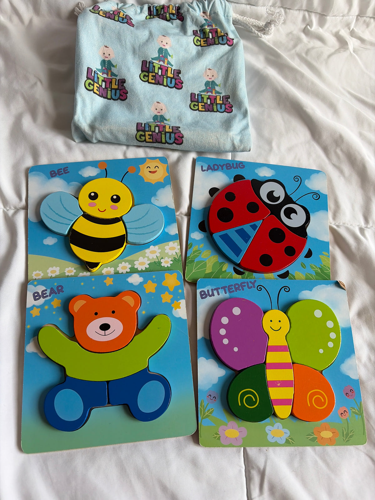 4 small wooden toddler puzzles with bag