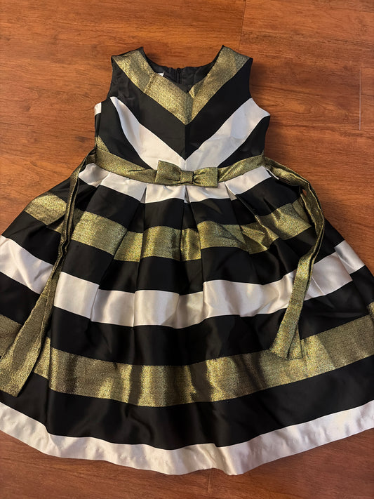 Bonnie Jean gold, black, white striped dress - size Youth - 7 (S)
