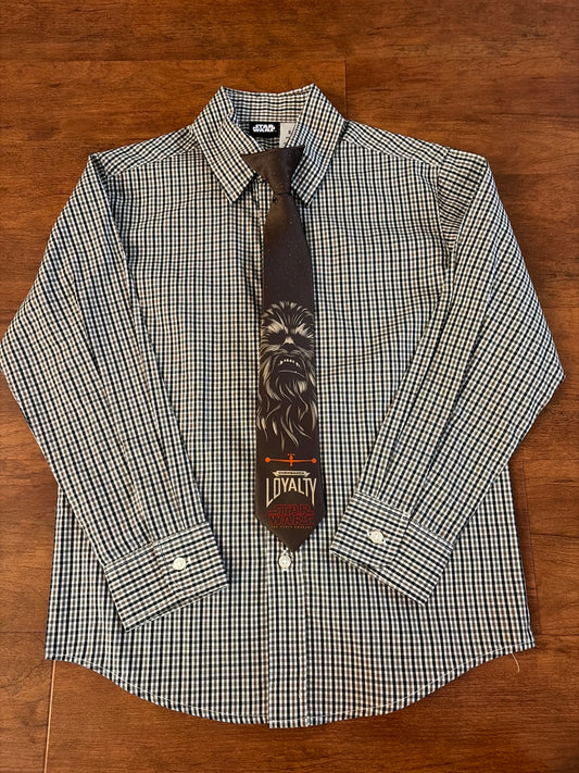 Star Wars brown & black Plaid button up w/tie - size Youth - 8 (M)