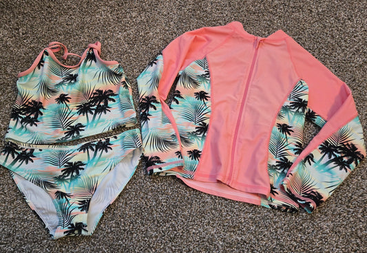 3 Piece Bikini and Zip Up, Palm Trees - size Youth - 8 (M)