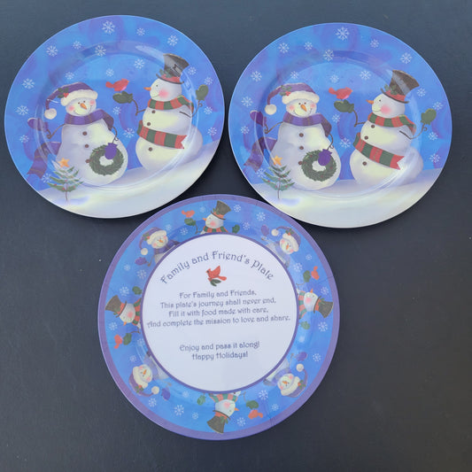 Set of 3 Hard Plastic Blue Snowman Plates