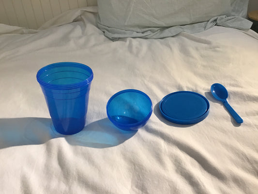 Blue snack cup with insert and spoon