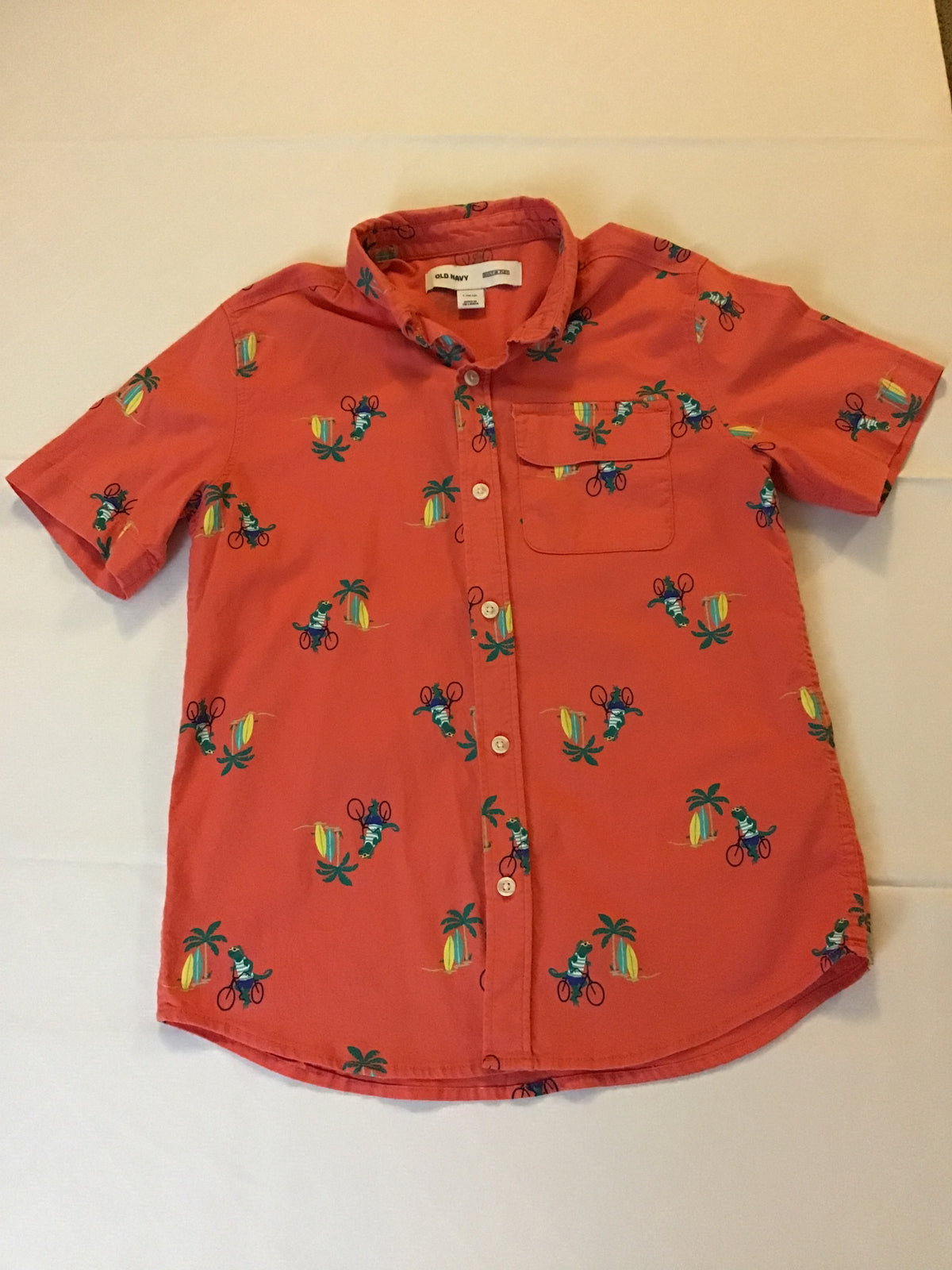 Old navy button shirt 97%cotton -palm tree - size Youth - 12 (L)