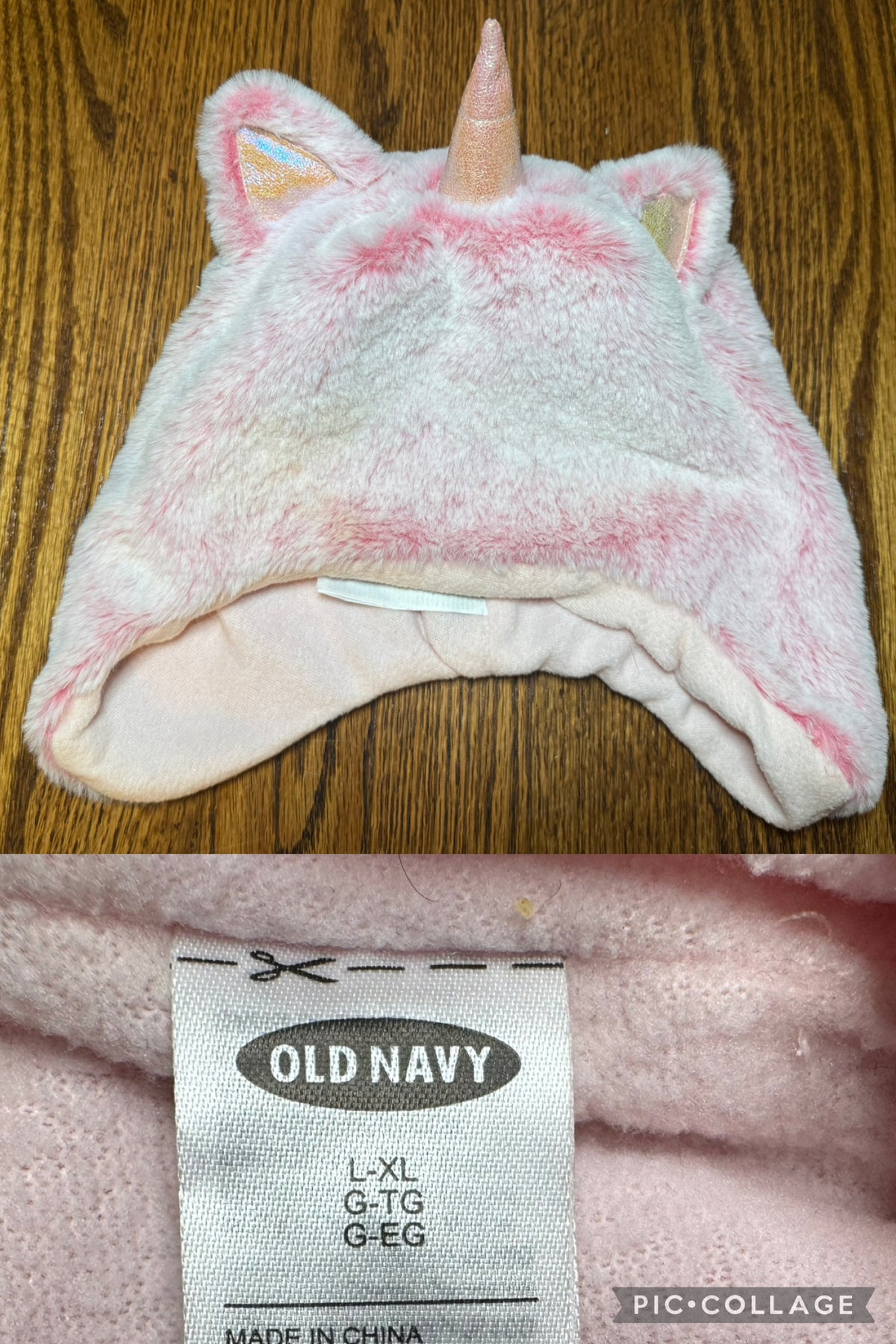 ON hat fuzzy pink unicorn. Fleece lining