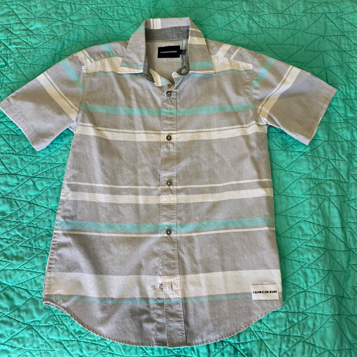 aqua/white/gray stripe button, short sleeve, - size Youth - 10 (L)