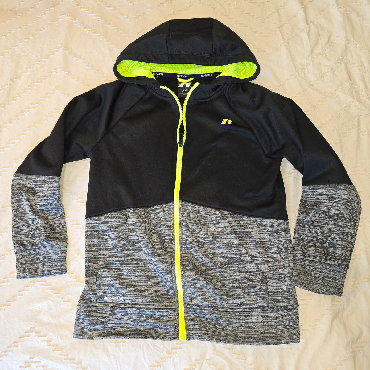 black/neon zip hoodie, sz lg (10/12), russell - size Youth - 10 (L)