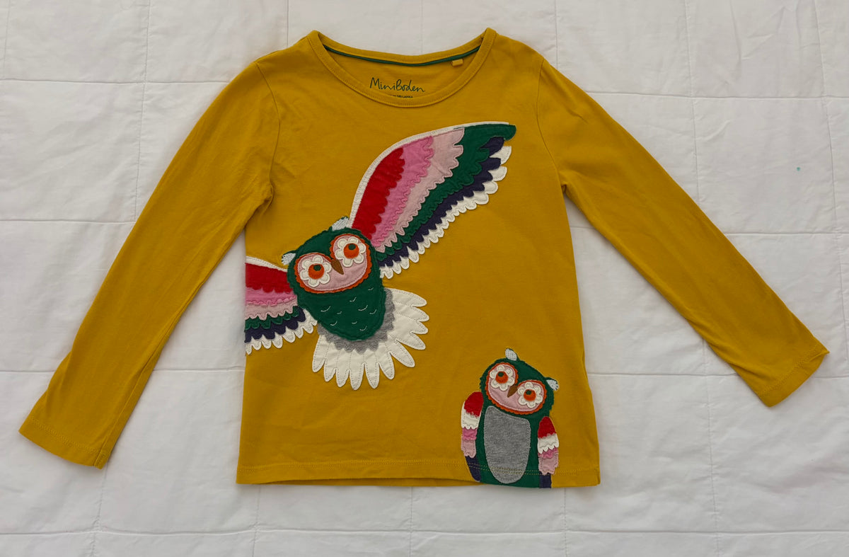 Mini Boden - yellow L/S with owl applique EUC - size Youth - 6 (S)