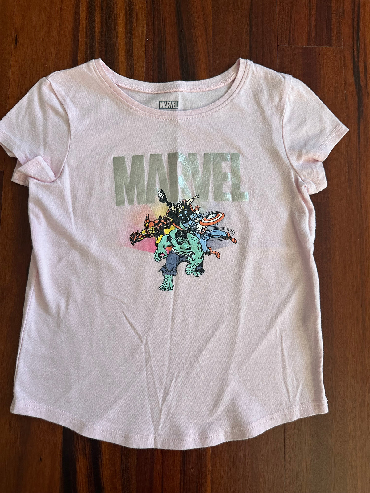 Marvel heroes t-shirt - pink w silver letters