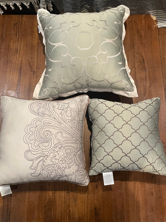 3 Green/Ivory Throw Pillows