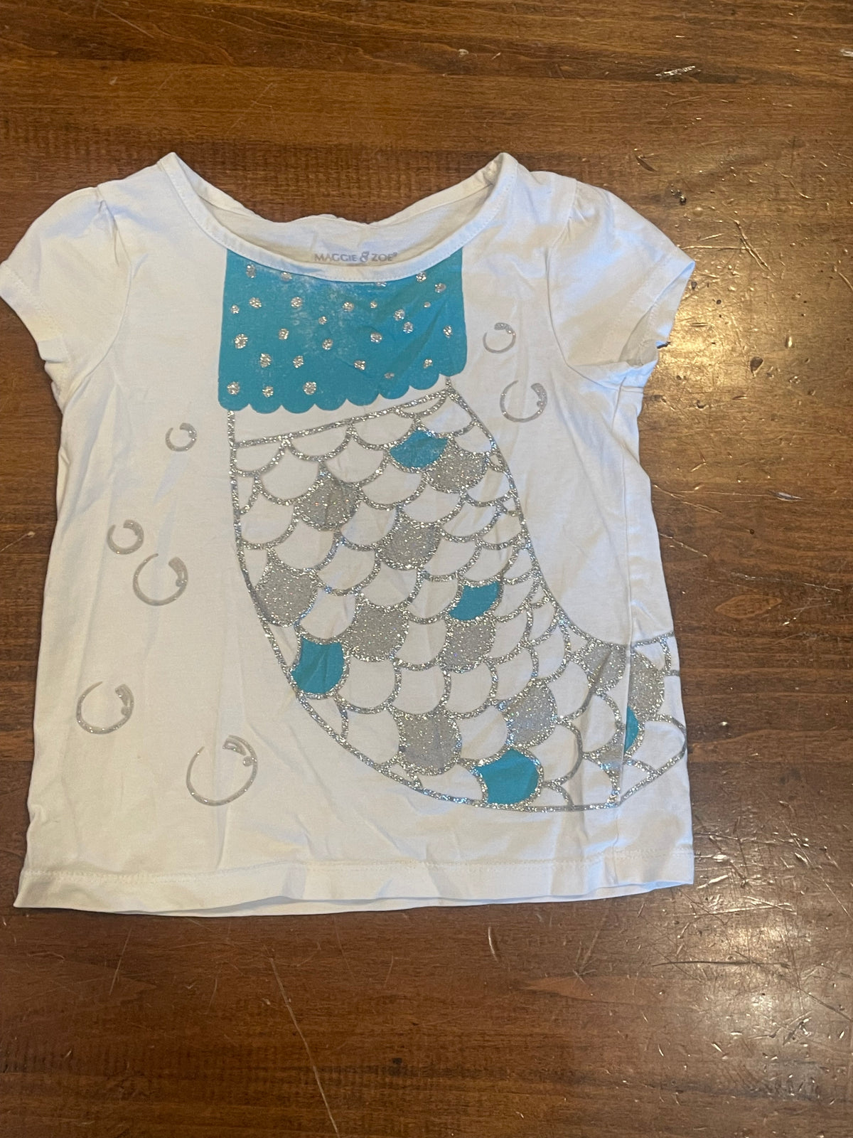 White SS Turquoise Mermaid Shirt EUC - size Toddler - 3T